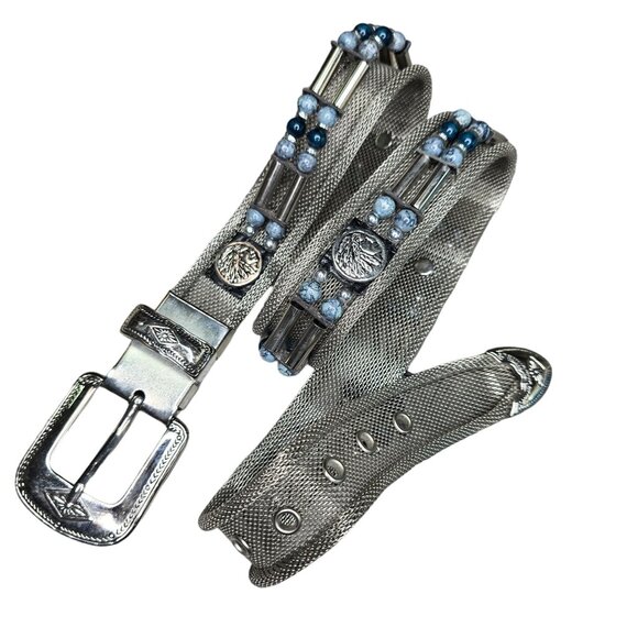 Handcrafted Silver Metal Mesh Belt With Ornate Buckle & Blue Beads Size M - Picture 6 of 12